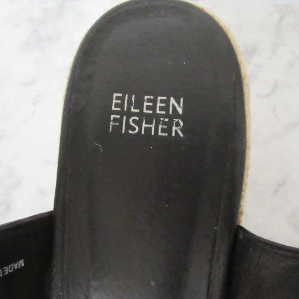 Eileen Fisher Sandals 8.5 Black Leather Wedge Espadrille Adjustable Ankle Strap